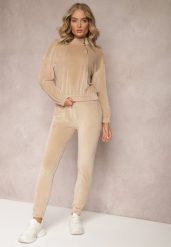 Beżowy Komplet Dresowy z Weluru ze Ściągaczami i Bluzą z Kapturem Rerafina. Brązowe bluzy Renee, m, bez wzorów, z dresówki, eleganckie, bez ramiączek, z kapturem. W wyprzedaży za 135.99 zł.