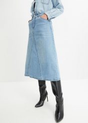 Spódnica dżinsowa ze stretchem, High Waist. Niebieskie spódnice bonprix, bez wzorów. Za 109.99 zł.