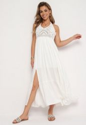 Biała Wiskozowa Sukienka w Stylu Boho z Wiązaniem na Szyi Risalinda. Białe sukienki Born2be, na plażę, m, z aplikacjami, z wiskozy, boho, bez kołnierzyka, bez ramiączek, maxi. Za 189.99 zł.