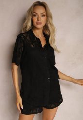 Czarna Boho Koszula z Ażurowymi Zdobieniami i Krótkimi Rękawami Danicra. Czarne koszule Renee, l, z aplikacjami, z jeansu, boho, bez kołnierzyka, bez ramiączek. W wyprzedaży za 111.99 zł.