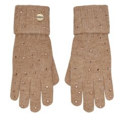Rękawiczki Damskie Guess. Brązowe rękawiczki Guess, z aplikacjami, z dzianiny. Za 199.99 zł.