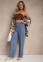 Niebieskie Spodnie z Bawełny High Waist z Gumką i Wiązaniem w Talii Lisadriela. Niebieskie jeansy Renee, bez wzorów, z bawełny, eleganckie, z podwyższonym stanem. W wyprzedaży za 39.99 zł.