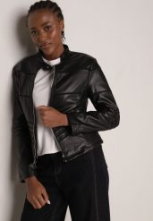 Czarna Kurtka Typu Ramoneska Ozdobiona Przeszyciami Elianea. Czarne kurtki Born2be, l, bez wzorów, z jeansu, eleganckie, bez kaptura. Za 119.99 zł.