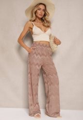 Jasnobrązowe Spodnie z Wiskozą o Szerokim Kroju High Waist Weralis. Brązowe jeansy Renee, l, bez wzorów, z jeansu, eleganckie, z podwyższonym stanem. W wyprzedaży za 74.99 zł.
