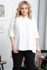 Tunika elegancka GOSIA ze stójką dłuższy tył biała. Białe tuniki KARKO, plus size, bez wzorów, z elastanu, eleganckie, z asymetrycznym kołnierzem, bez ramiączek. Za 169.50 zł.