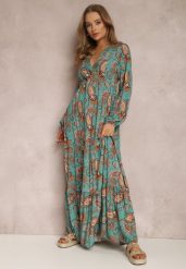 Niebieska Sukienka Demestra. Niebieskie sukienki Renee, l, bez wzorów, boho, bez kołnierzyka, bez ramiączek, maxi, kopertowe. W wyprzedaży za 99.99 zł.