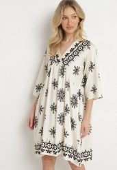 Czarno-Kremowa Sukienka w Stylu Boho z Wiskozą Davivara. Czarne sukienki Born2be, na co dzień, l, z aplikacjami, z wiskozy, boho, bez kołnierzyka, bez ramiączek, midi. Za 99.99 zł.