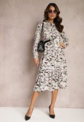 Ciemnobeżowa Rozkloszowana Sukienka Midi z Falbanką i Gumką w Talii Viglira. Brązowe sukienki Renee, na imprezę, l, bez wzorów, eleganckie, bez kołnierzyka, bez ramiączek, midi, rozkloszowane. W wyprzedaży za 90.99 zł.