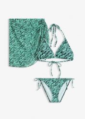 Bikini z trójkątnymi miseczkami + pareo (3 części). Zielone bikini bonprix, bez wzorów. Za 54.99 zł.