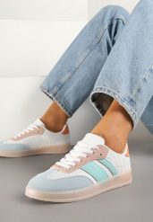 Biało-Niebieskie Sneakersy Tenisówki Ozdobione Paskami Amodira. Białe trampki Renee, bez wzorów, z jeansu, bez zapięcia. W wyprzedaży za 67.99 zł.