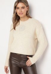 Beżowy Sweter z Wełną Ozdobiony Haftem Ellannia. Brązowe swetry Born2be, na zimę, bez wzorów, z wełny, bez ramiączek. W wyprzedaży za 110.49 zł.