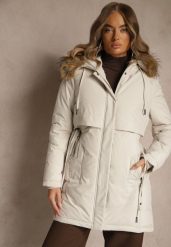 Biała Klasyczna Kurtka Parka z Kapturem z Futrem Nalisava. Białe kurtki Renee, l, bez wzorów, z dzianiny, klasyczne, z kapturem. Za 319.99 zł.