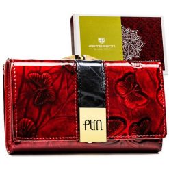 Czerwony portfel damski z lakierowanej skóry naturalnej z ozdobnym tłoczeniem - Peterson. Czerwone portfele Peterson, bez wzorów, z lakierowanej skóry. Za 119.99 zł.