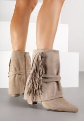 Ciemnobeżowe Botki Boho z Cholewką Imitującą Nogawkę i Frędzlami Zaslie. Brązowe botki Renee, bez wzorów, z jeansu, boho, bez obcasa, na obcasie, bez zapięcia. Za 109.99 zł.