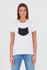 KARL LAGERFELD Biały t-shirt Boucle Choupette. Białe t-shirty KARL LAGERFELD, s, bez wzorów, z bawełny, bez kołnierzyka, bez ramiączek. W wyprzedaży za 299.99 zł.