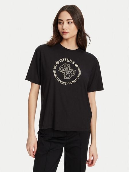 Guess T-Shirt V5YI05 KCOA2 Czarny Regular Fit. Czarne t-shirty Guess, xs, z aplikacjami, z wiskozy, bez kołnierzyka, bez ramiączek. Za 99.99 zł.