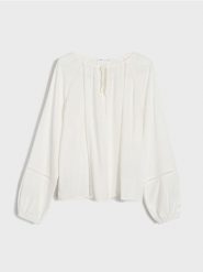 Wiskozowa bluzka z ażurowymi wstawkami - kremowy. Białe bluzki Sinsay, l, w ażurowe wzory, z wiskozy, bez kołnierzyka, bez ramiączek. Za 39.99 zł.