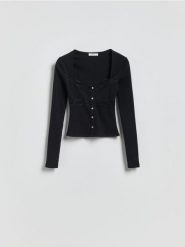 Bluzka z koronką - czarny. Czarne bluzki Reserved, l, bez wzorów, z bawełny, bez kołnierzyka, bez ramiączek. Za 79.99 zł.