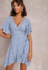 Niebieska Sukienka Pasyxo. Niebieskie sukienki Renee, s, z aplikacjami, z wiskozy, bez kołnierzyka, bez ramiączek, mini, kopertowe. W wyprzedaży za 59.99 zł.