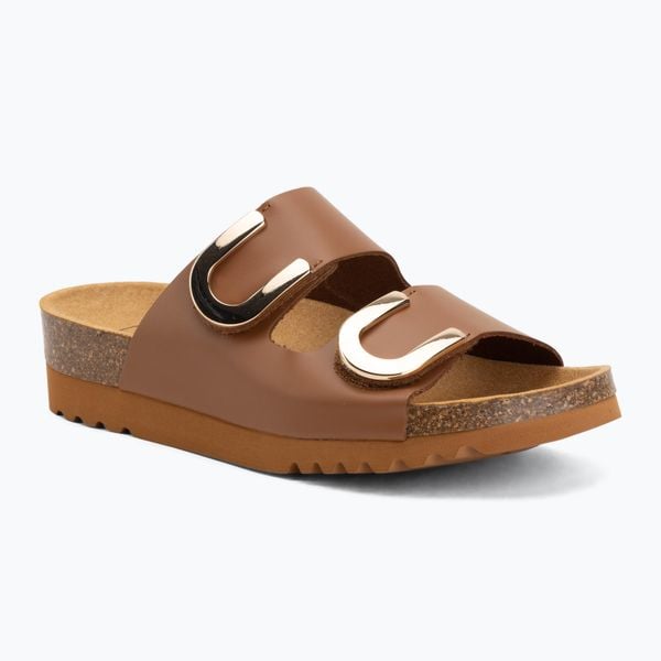 Klapki damskie Scholl Montery 2 Straps Ad Med. Brązowe klapki Scholl, bez wzorów, z materiału, eleganckie, bez obcasa, bez zapięcia. Za 339.99 zł.