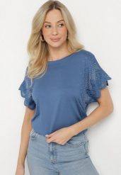 Granatowa Bawełniana Bluzka Nietoperz z Koronkowymi Rękawami z Cyrkoniami Adivain. Niebieskie bluzki Born2be, m, bez wzorów, z bawełny, eleganckie, bez kołnierzyka, bez ramiączek. Za 59.99 zł.