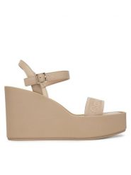 Calvin Klein Sandały Wedge 70 Sndl Webbing Lth HW0HW02882 Beżowy. Brązowe sandały Calvin Klein, bez wzorów, z materiału, bez obcasa, na koturnie, bez zapięcia. Za 449.99 zł.