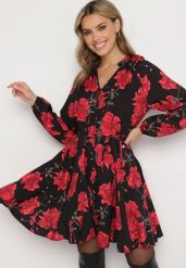 Czarno-Czerwona Rozkloszowana Sukienka w Kwiaty z Guzikami i Wiązaniem w Talii Morila. Czarne sukienki Born2be, na co dzień, m, bez wzorów, z jeansu, eleganckie, bez kołnierzyka, bez ramiączek, mini, dopasowane. W wyprzedaży za 110.49 zł.
