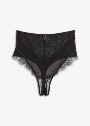 Stringi ouvert z wysoką talią. Czarne stringi bonprix, bez wzorów, z koronki. Za 59.99 zł.