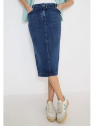 Cecil Spódnica dżinsowa w kolore granatowym rozmiar: W26. Niebieskie spódnice Cecil, na co dzień, z aplikacjami, ze skóry, klasyczne, midi, proste. Za 136.78 zł.