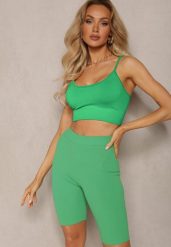 Zielone Sportowe Szorty Kolarki Prążkowane High Waist Steiama. Zielone szorty sportowe Renee, bez wzorów, z materiału, z podwyższonym stanem, do biegania. W wyprzedaży za 23.99 zł.