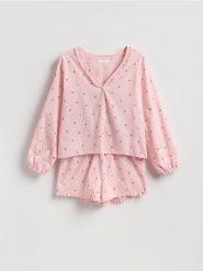 Dwuczęściowa piżama z nadrukiem - pastelowy róż. Czerwone piżamy Reserved, l, bez wzorów, z bawełny, bez kołnierzyka, bez ramiączek. Za 139.99 zł.