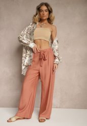 Pomarańczowe Spodnie z Wiskozy o Szerokim Kroju z Kokardą Ellioria. Brązowe jeansy Renee, l, bez wzorów, z jeansu, eleganckie. W wyprzedaży za 29.99 zł.