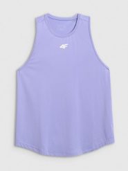 4F Top treningowy regular szybkoschnący damski - fioletowy L. Fioletowe topy 4f, l, bez wzorów, z materiału, bez kołnierzyka, bez ramiączek. Za 79.99 zł.