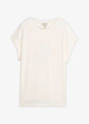 Lekki T-shirt z czystego lnu z haftem. Białe t-shirty bonprix, z aplikacjami, ze lnu, eleganckie, bez kołnierzyka, bez ramiączek. Za 119.99 zł.