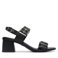 Sandały Tamaris. Czarne sandały Tamaris, bez wzorów, bez obcasa, na słupku, bez zapięcia. Za 369.99 zł.