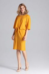 Musztardowa Sukienka przed Kolana z Wiązaniem w Talii. Czerwone sukienki Figl, m, bez wzorów, z elastanu, wizytowe, bez kołnierzyka, bez ramiączek. Za 289.00 zł.