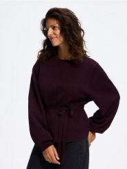 Sweter z ozdobnym wiązaniem - ciemnofioletowy. Fioletowe swetry Reserved, l, bez wzorów, z dzianiny, bez ramiączek. Za 129.99 zł.