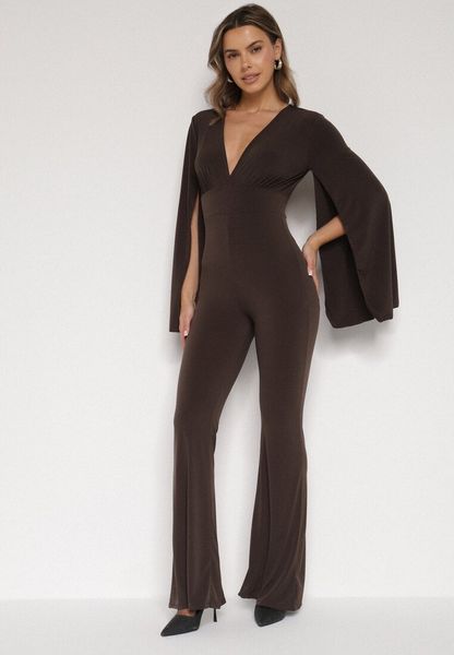 Brązowy Długi Kombinezon z Szerokimi Rękawami i Odkrytymi Plecami Dasima. Brązowe sukienki Born2be, na imprezę, m, bez wzorów, eleganckie, bez kołnierzyka, bez ramiączek, maxi. Za 139.99 zł.