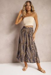Granatowo-Beżowe Spodnie High Waist o Szerokich Nogawkach z Wiskozy Wykończone Gumką w Talii Krifea. Niebieskie jeansy Renee, na lato, m, bez wzorów, z jeansu, z podwyższonym stanem. W wyprzedaży za 43.99 zł.