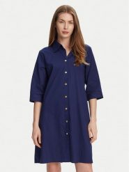 Selmark Sukienka koszulowa BM033 Granatowy Relaxed Fit. Niebieskie sukienki Selmark, l, bez wzorów, z bawełny, bez kołnierzyka, bez ramiączek, koszulowe. Za 139.99 zł.