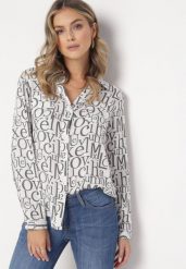Biała Wiskozowa Koszula w Modny Print z Długim Rękawem Mustacie. Białe koszule Born2be, l, bez wzorów, z wiskozy, klasyczne, bez kołnierzyka, bez ramiączek. W wyprzedaży za 50.99 zł.
