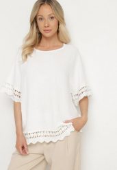 Biała Bluzka z Ażurowymi Wstawkami Vozenia. Białe bluzki Born2be, xl, w ażurowe wzory, z jeansu, eleganckie, bez kołnierzyka, bez ramiączek. Za 79.99 zł.