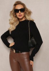 Czarny Sweter Klasyczny z Miękkiej Dzianiny Afonna. Czarne swetry Renee, l, bez wzorów, z dzianiny, casualowe, bez ramiączek. W wyprzedaży za 55.99 zł.
