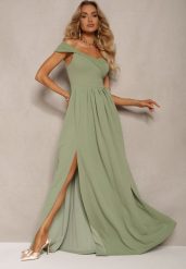 Jasnozielona Elegancka Długa Sukienka Hiszpanka Wykończona Rozcięciem na Dole Idelia. Zielone sukienki Renee, l, bez wzorów, z materiału, eleganckie, bez kołnierzyka, bez ramiączek, maxi. W wyprzedaży za 159.99 zł.