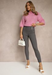 Szare Legginsy High Waist z Ozdobnymi Guzikami Kolowenia. Szare legginsy Renee, bez wzorów, z jeansu, eleganckie. W wyprzedaży za 35.99 zł.
