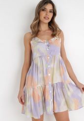 Fioletowa Sukienka Evomela. Fioletowe sukienki Born2be, na imprezę, l, z aplikacjami, z tkaniny, bez kołnierzyka, bez ramiączek, mini. Za 129.99 zł.