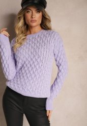 Fioletowy Sweter Ozdobione Tłoczeniem Sariatta. Fioletowe swetry Renee, m, bez wzorów, z jeansu, casualowe, bez ramiączek. W wyprzedaży za 95.99 zł.