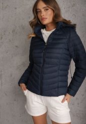 Granatowa Przejściowa Kurtka Pikowana z Kapturem z Możliwością Odpięcia Pretiga. Niebieskie kurtki Renee, l, bez wzorów, z jeansu, z kapturem. Za 109.99 zł.