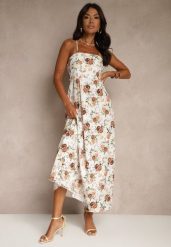 Beżowa Rozkloszowana Sukienka z Wiskozą w Kwiatowy Wzór Nalivie. Brązowe sukienki Renee, na imprezę, l, bez wzorów, z wiskozy, eleganckie, bez kołnierzyka, bez ramiączek, maxi, rozkloszowane. Za 79.99 zł.