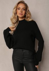 Czarny Gładki Sweter Golf ze Ściągaczami Germifa. Czarne swetry Renee, bez wzorów, z jeansu, eleganckie, bez ramiączek. W wyprzedaży za 87.99 zł.
